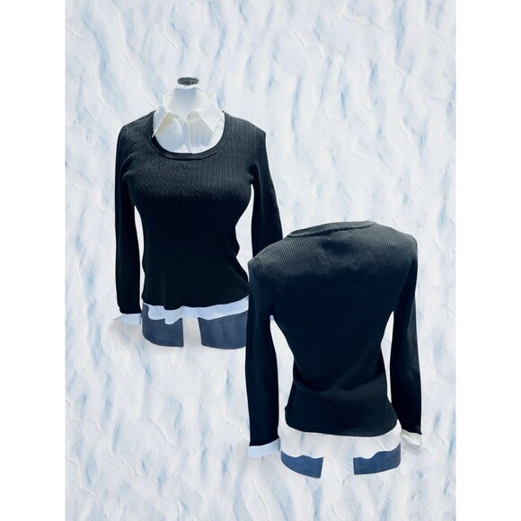 Notation Black Sweater White Collar Sleeve Bottom Trim Large - Picture 1 of 11
